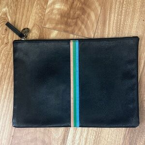 Clare v Black Leather Pouch with Blue, Green & pink Center Stripe